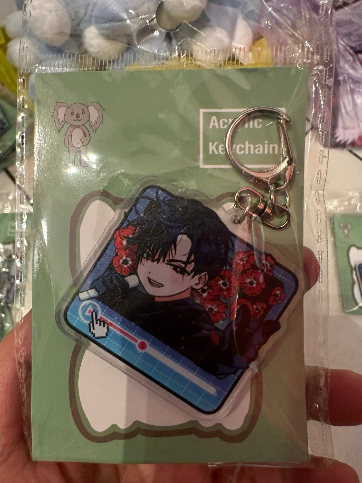 Black hair and red flowers video frame acrylic keychain