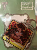 Long brown hair anime character with red flowers acrylic keychain